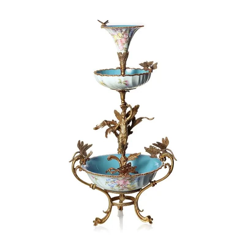 Ceramica con decorazione in rame Piatto di frutta a tre strati Ornamento di piatto di frutta secca per caramelle domestiche
