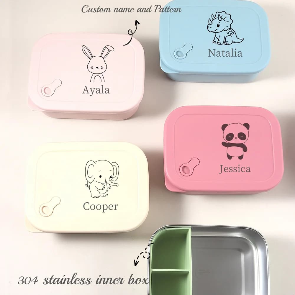 Contenitore per il pranzo in silicone da 1200 ml, 1 pezzo, personalizzabile con nome e motivo, per bambini, 3 scomparti, senza BPA, a tenuta stagna, in acciaio inossidabile, per la scuola