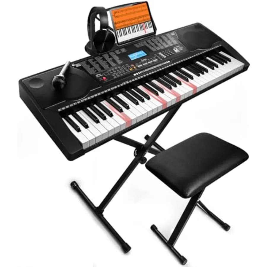 Tastiera Elettronica Portatile a 61 Tasti con Tasti Illuminati a Grandezza Naturale, Schermo LCD, Cuffie, Supporto a X, Sgabello, Supporto per Spartito, Microfono e Asta per Note