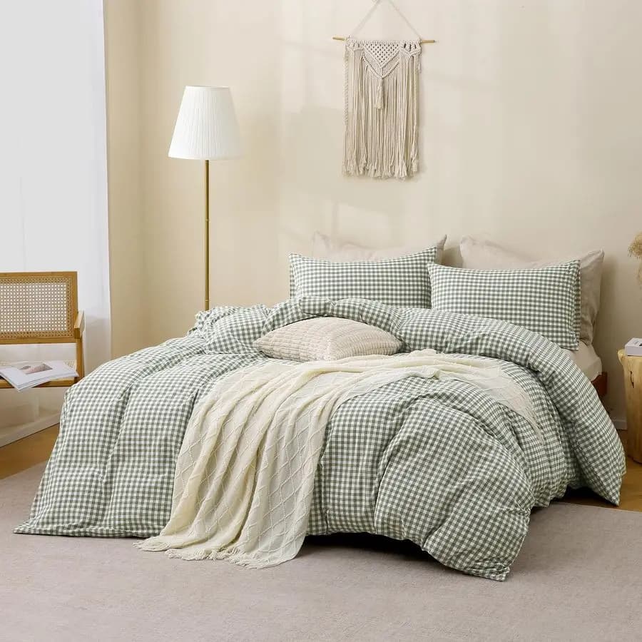 Set copripiumino a quadretti verdi Set biancheria da letto 100 cotone lavato come lino Super morbido e confortevole 3 pezzi Plaid vintage a quadretti C