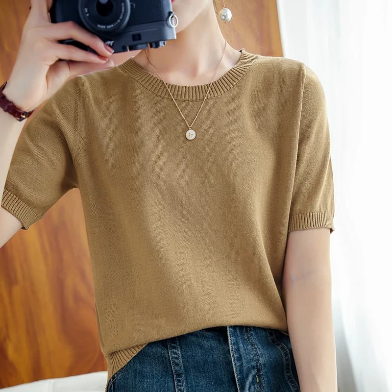 New 2025 Women's Loose Korean Style Half Sleeve Knitted Cotton T-Shirt Thin round Neck Pullover Short Sleeve Knitwear