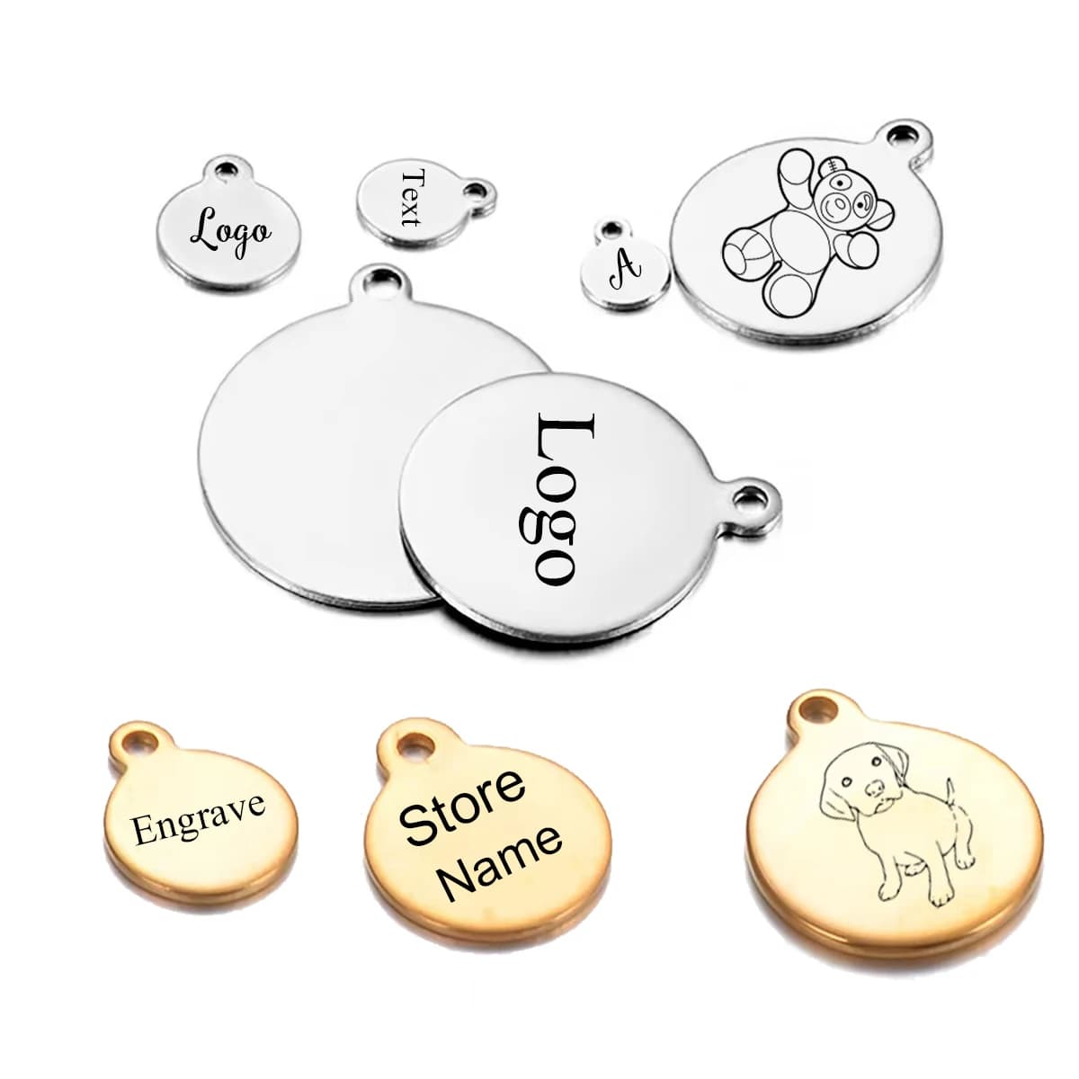 10-50 pieces stainless steel circular round label with laser engraved logo, name, tail chain label for creating custom diy jewelry