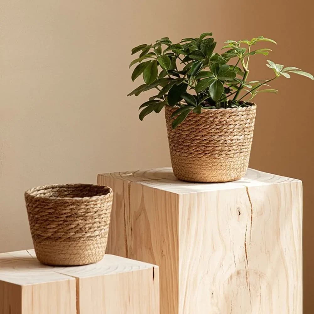 Hand made natural wicker basket, straw and rattan, for plants and flowers, round vase, basket holders, flower pot