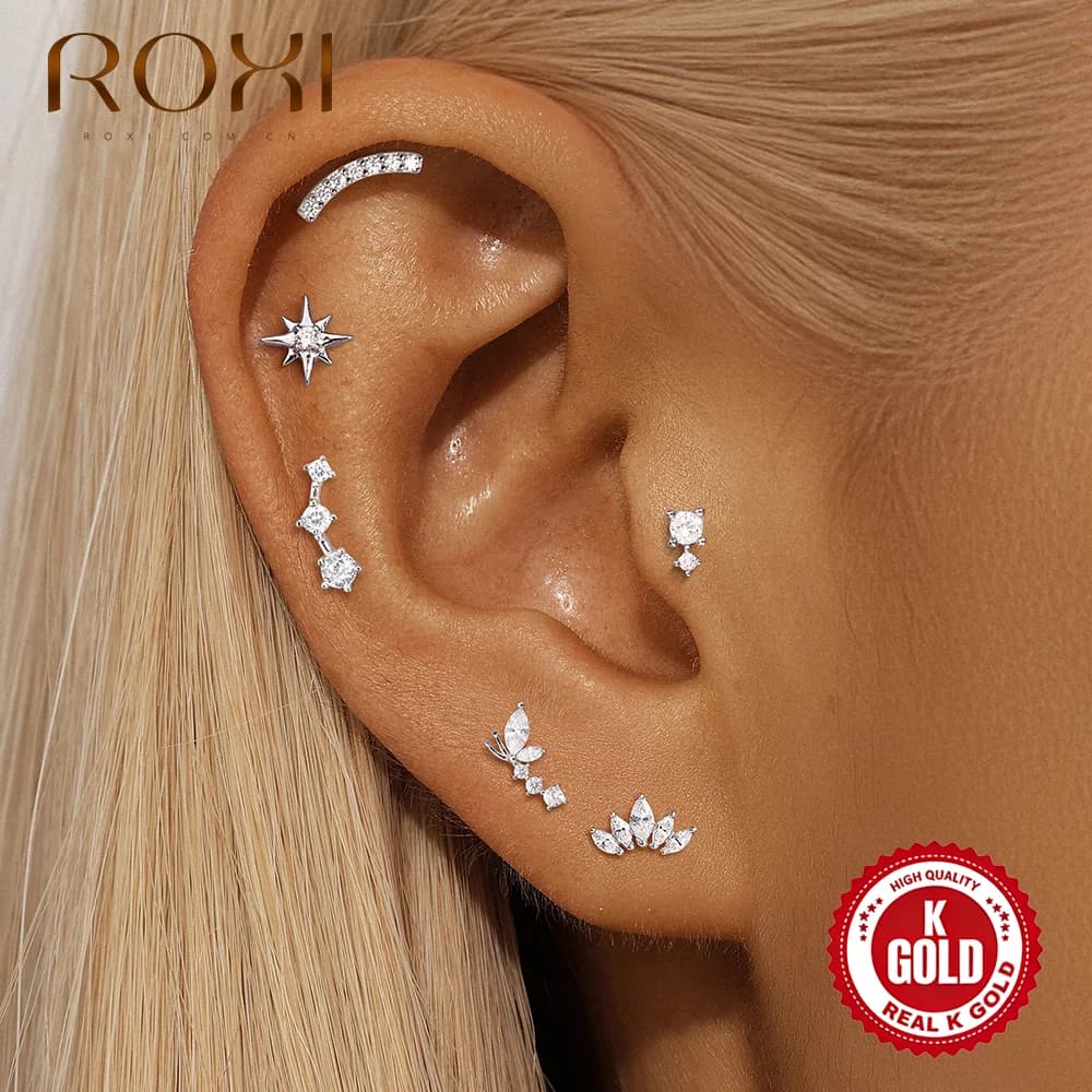Orecchini a perno ROXI in oro massiccio 14K con zirconi geometrici a forma di farfalla/stella per donna, con catena minimalista e nappe, perfetti per feste, uso quotidiano e come regalo.