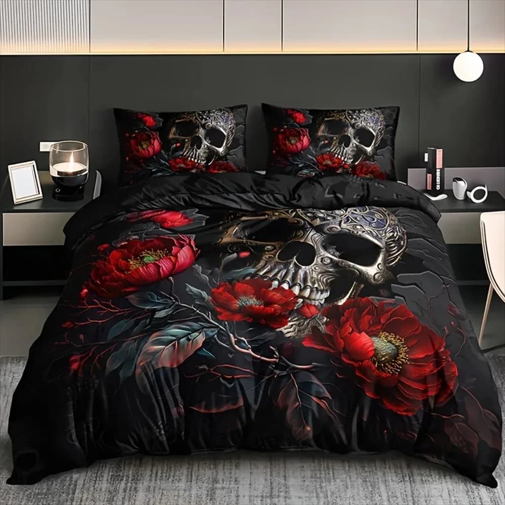 Set Copripiumino Gotico a 3 Pezzi con Teschio e Motivi Floreali - Biancheria da Letto Morbida e Traspirante con Stampa HD per Arredamento Casa e Dormitorio - Tema Halloween, Comfort