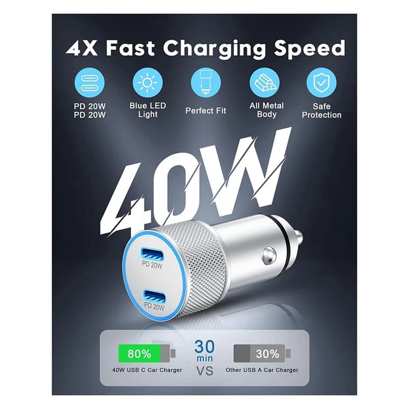 Car cigarette lighter adapter with double USB C 40W port, 2 pcs, with 3FT USB C cable, in silver aluminum alloy