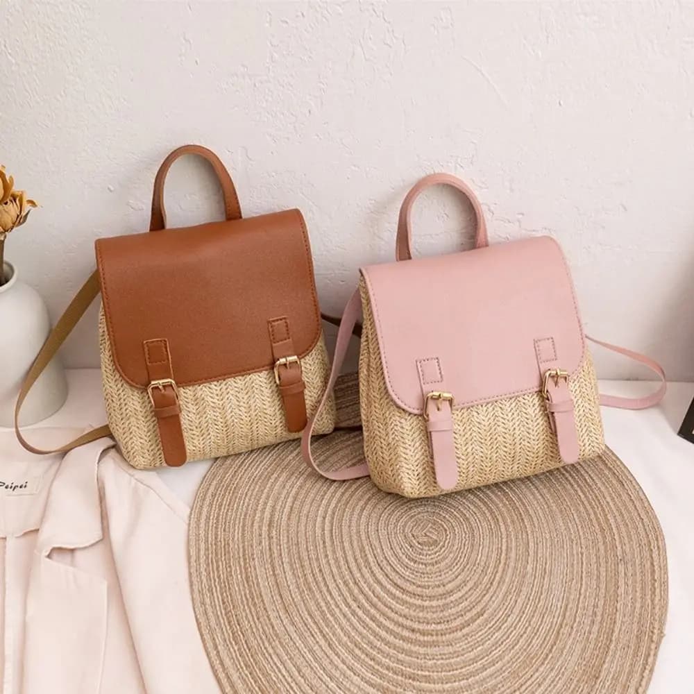 Fashion PU Leather Straw Backpack Retro Design Vintage Style Woven Backpack Luxury Elegant Look Satchel Bag All-match Style