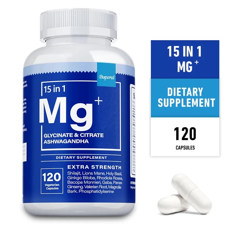Magnesium supplement + Ashwagandha: helps relieve stress, promotes muscle, bone and nerve health and improve sleep cycles