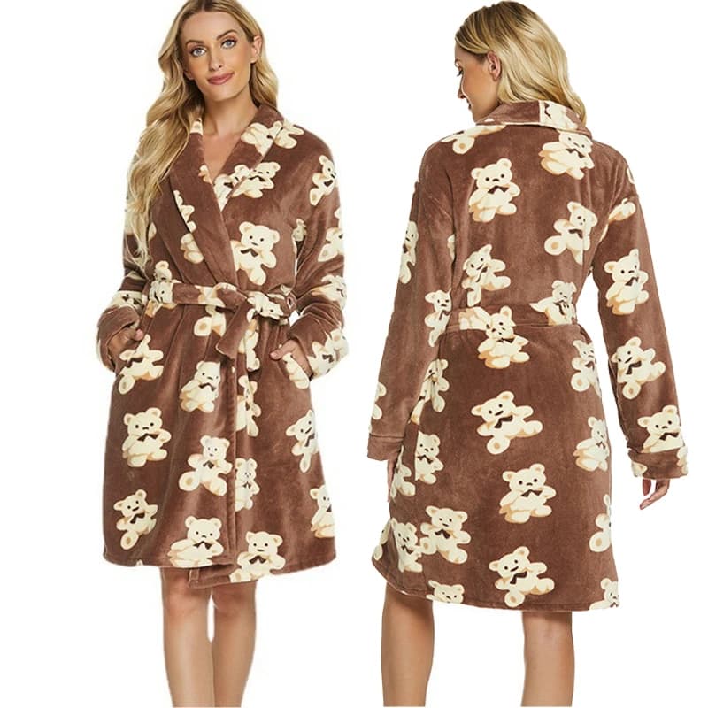 Camicia da notte in flanella invernale Abito femminile Carino Bearcoral Accappatoio in pile Kimono Indumenti da notte Addensato Caldo Abito da casa Pigiama