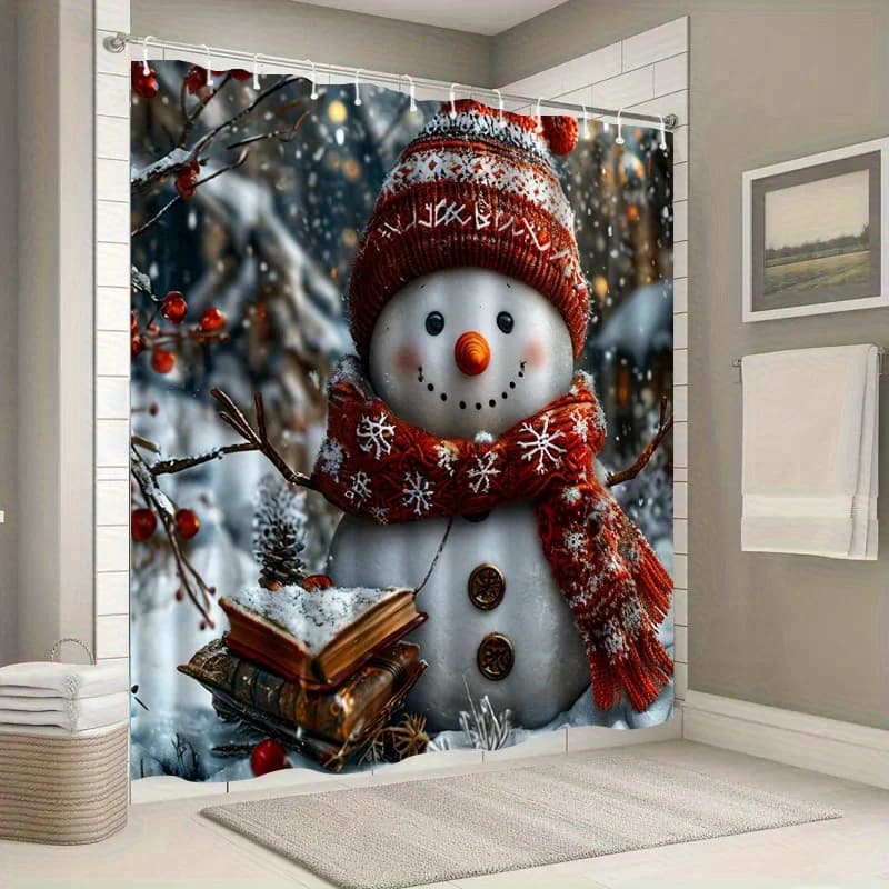 Tenda da doccia festosa con pupazzo di neve con design a cappello e sciarpa - Decorazione da bagno in poliestere lavabile in lavatrice, include ganci