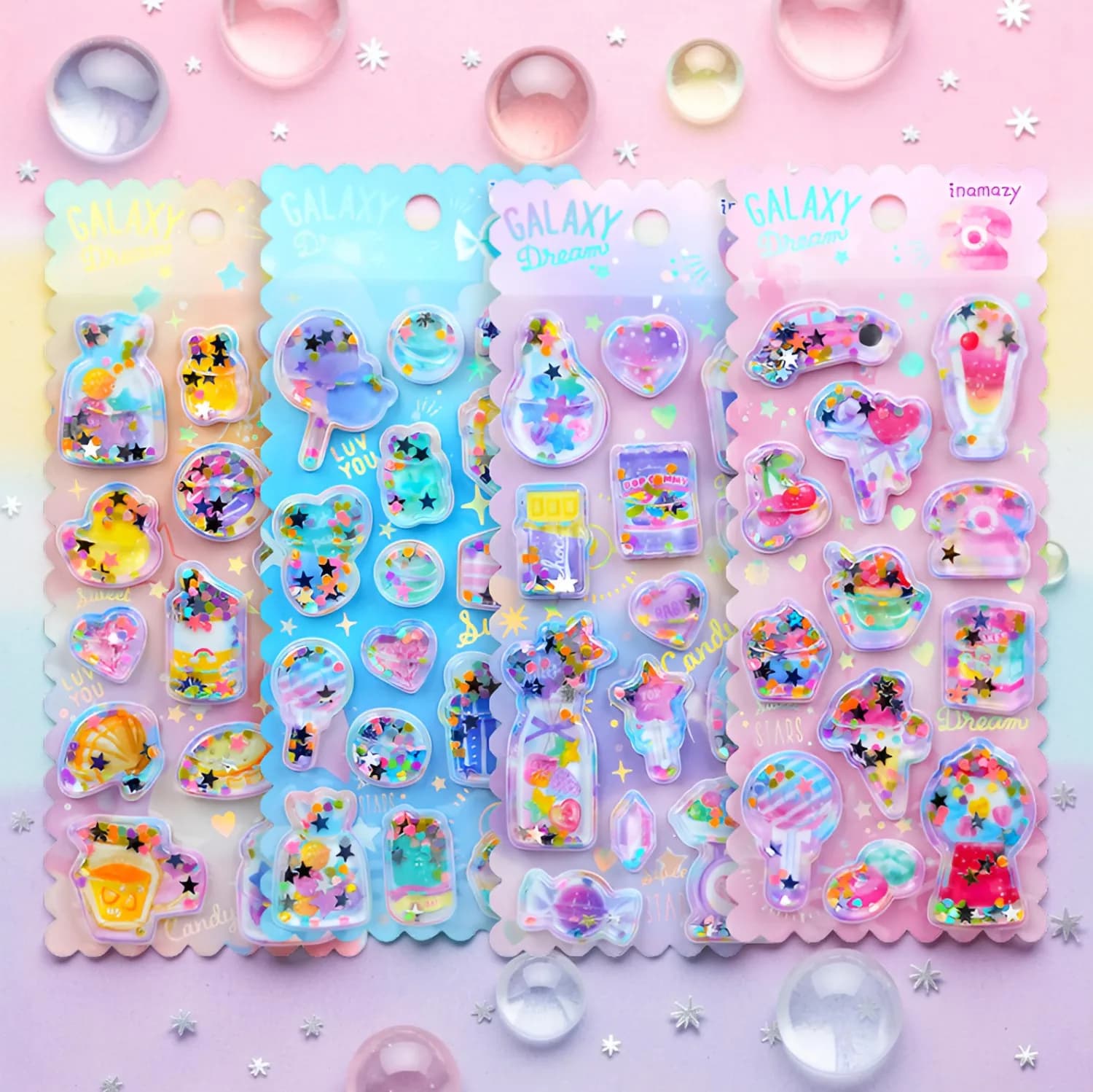 1PC Adesivi 3D Kawaii a Forma di Gelato con Glitter Liquido, Adesivi Carini a Tema Dessert e Caramelle, Foglio di Adesivi Puffy per Cover Telefono, Diario e Decorazioni Fai-da-te