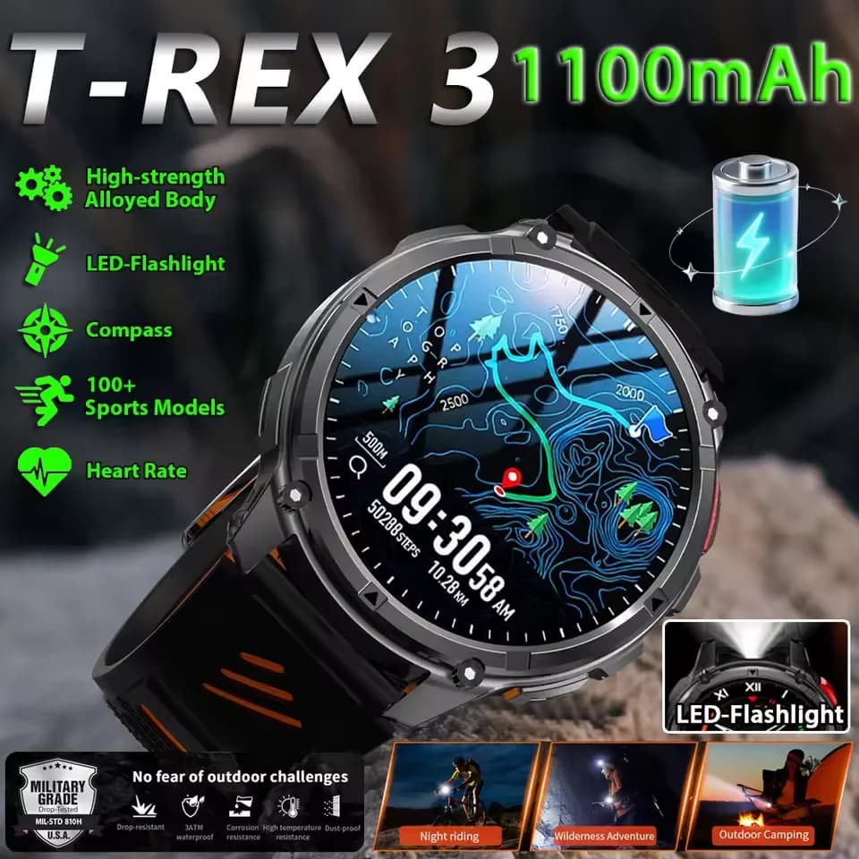 Nuovo T-REX3 Ultra 1100mAh Batteria SmartWatch 10ATM GPS impermeabile Bussola Torcia 1.7 "AMOLED HD Chiamata Sport Smart Watch da uomo