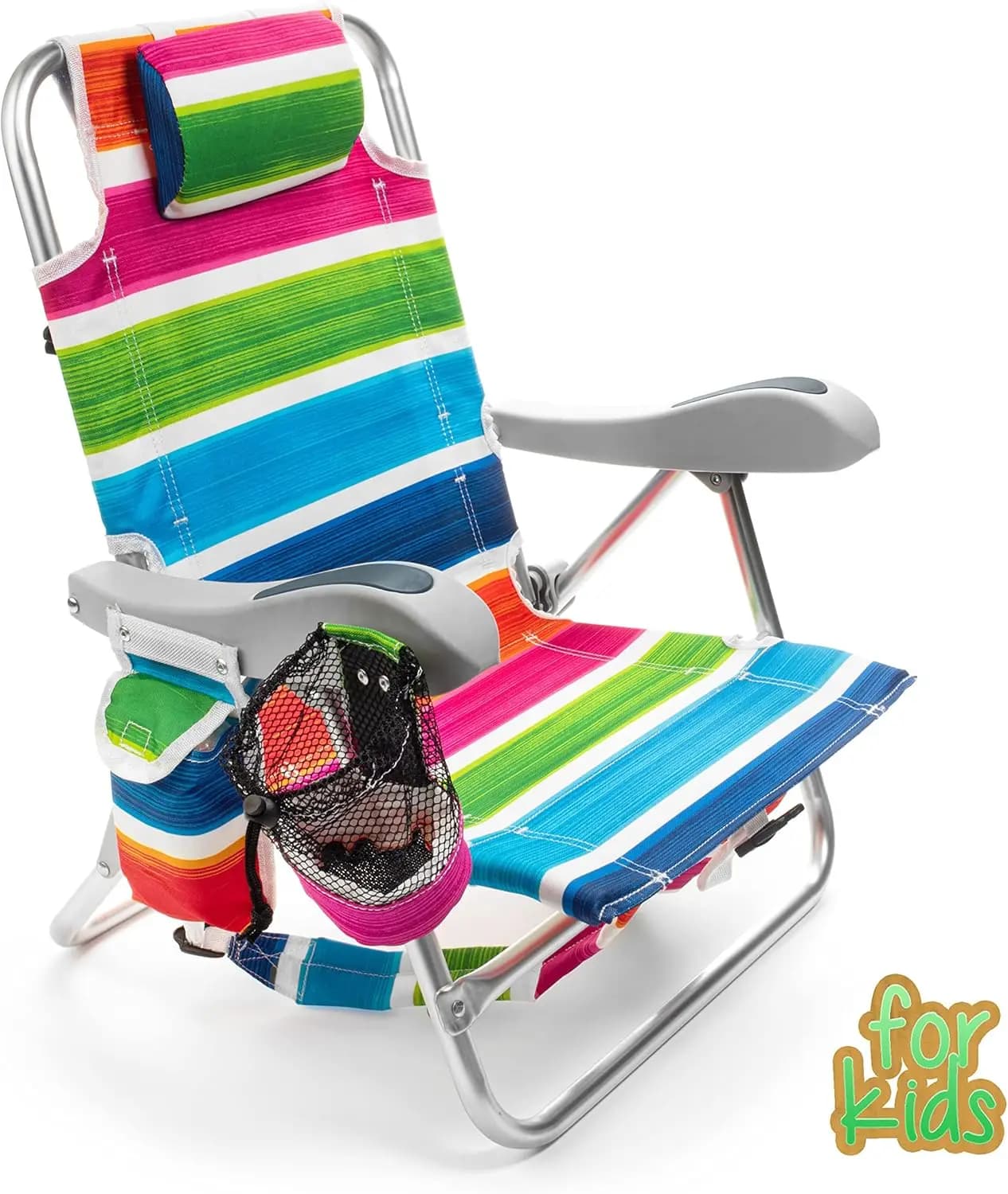 Sedia da Spiaggia Pieghevole per Bambini con Schienale Regolabile, Tasca Portaoggetti, Portabicchieri, Design Leggero a Zaino