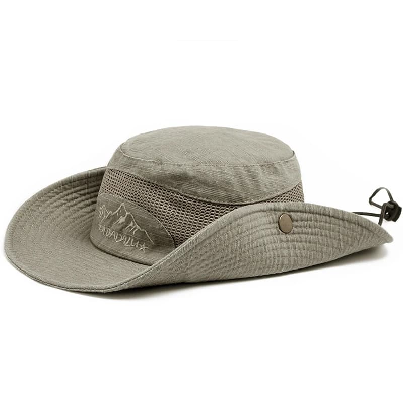 Cappello da pescatore estivo da uomo per protezione UV all'aperto berretto in rete di cotone Panama Jungle Fisherman escursionismo viaggio spiaggia con corda antivento