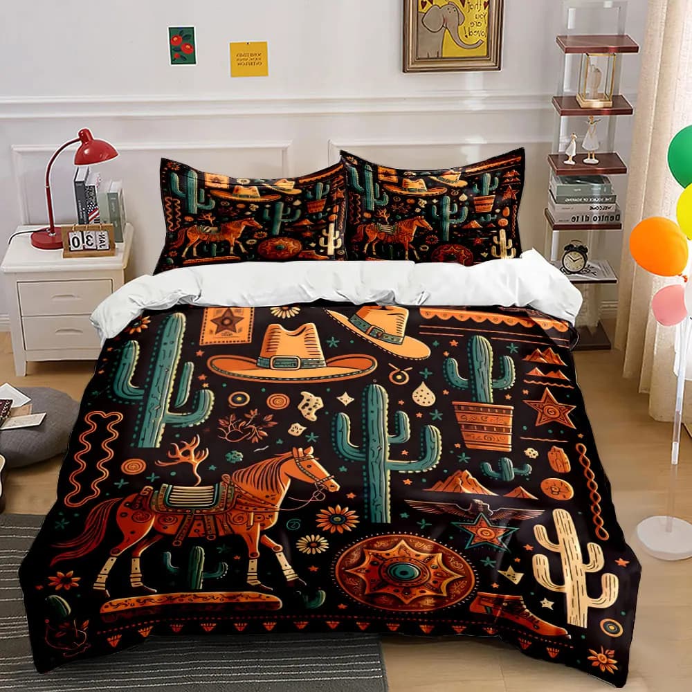 Motivo decorativo a tema western. Set di Biancheria da Letto Stampata: 1 Copripiumino e 2 Federe per Adulti e Bambini, Regalo di Lusso, Misura Completa