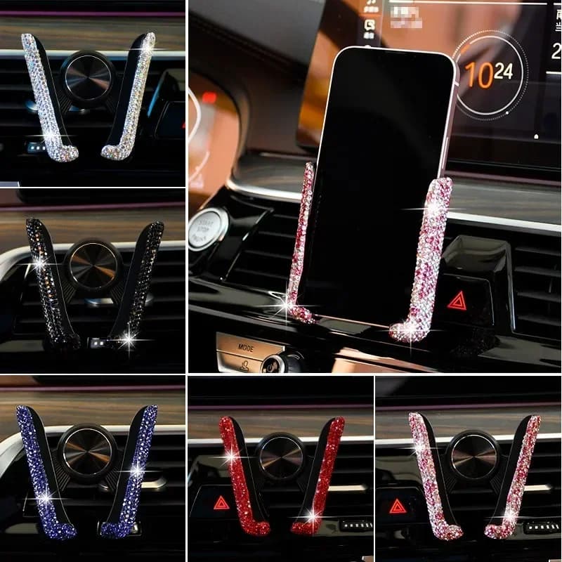 Supporto per telefono da auto in cristallo con clip per bocchetta dell'aria, universale, a forma di diamante, per smartphone, accessori auto a mani libere, per donna