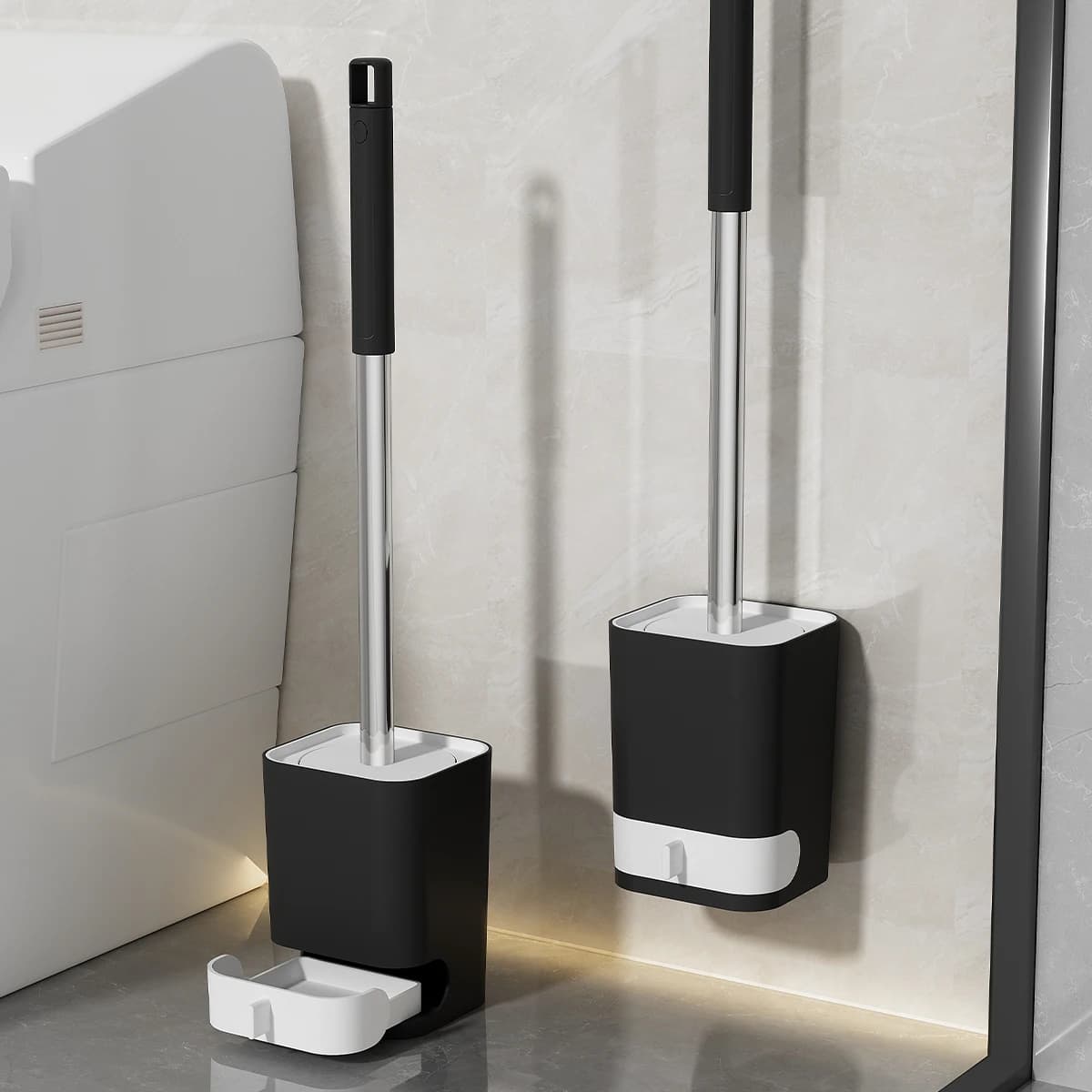 Spazzola per WC in Plastica con Manico Lungo e Base Drenante, Montaggio a Parete Senza Foratura, Accessori per la Pulizia del Bagno