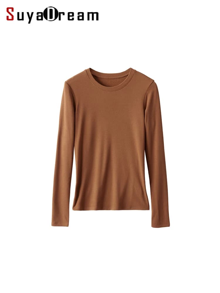 SuyaDream, Women Bottoming T Shirt, Silk Viscose Blend, Long Sleeves, Solid Basic Thermal Shirt, 2024 Autumn Winter Top