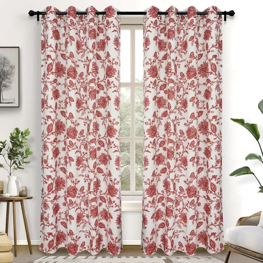 Dark Linen Curtains with Pattern Floral Paisley Red for Living and Bedroom, Length 84 Inches, 2 Panels, with Rings, Thermal