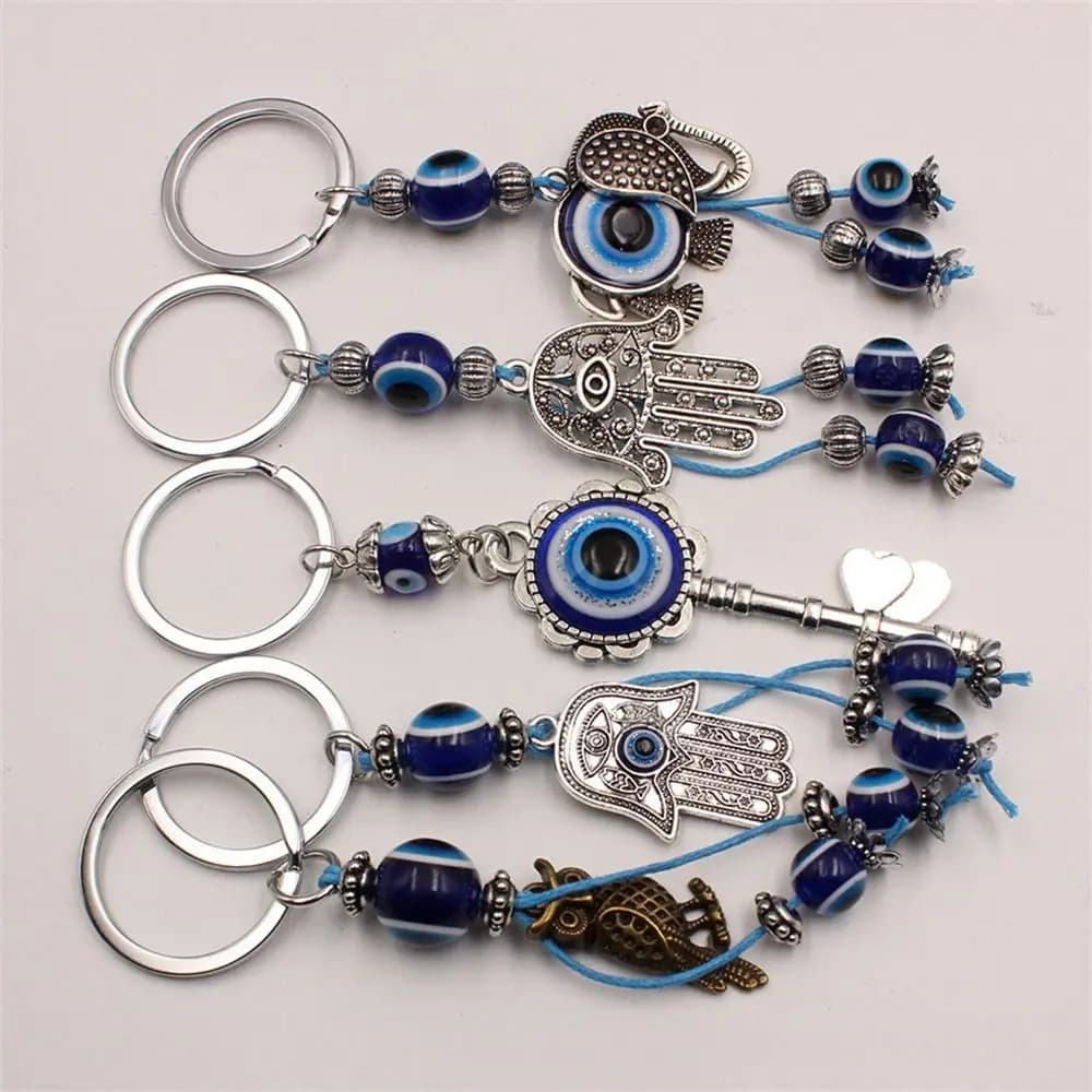Fashion Blue Color Lucky Eye Keychain Hasma Hand Owl Keys Evil Eye Keyring Turkish Bag Charm Fatima Hand Pendant Jewelry Gift
