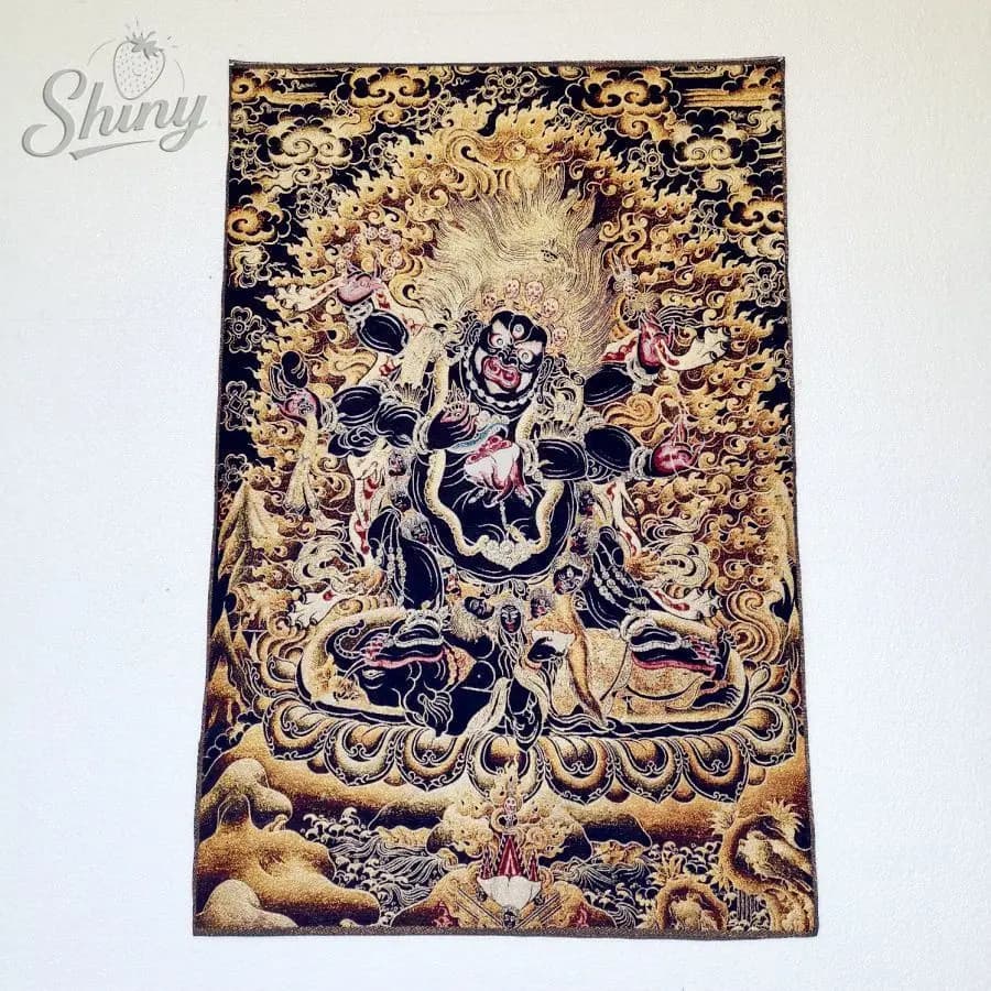 35,4′′ Broccato Mahakala a sei bracci in oro nero Tangka tibetano Ricamo Pittura Filo d'oro Ricamo Immagine decorativa da appendere