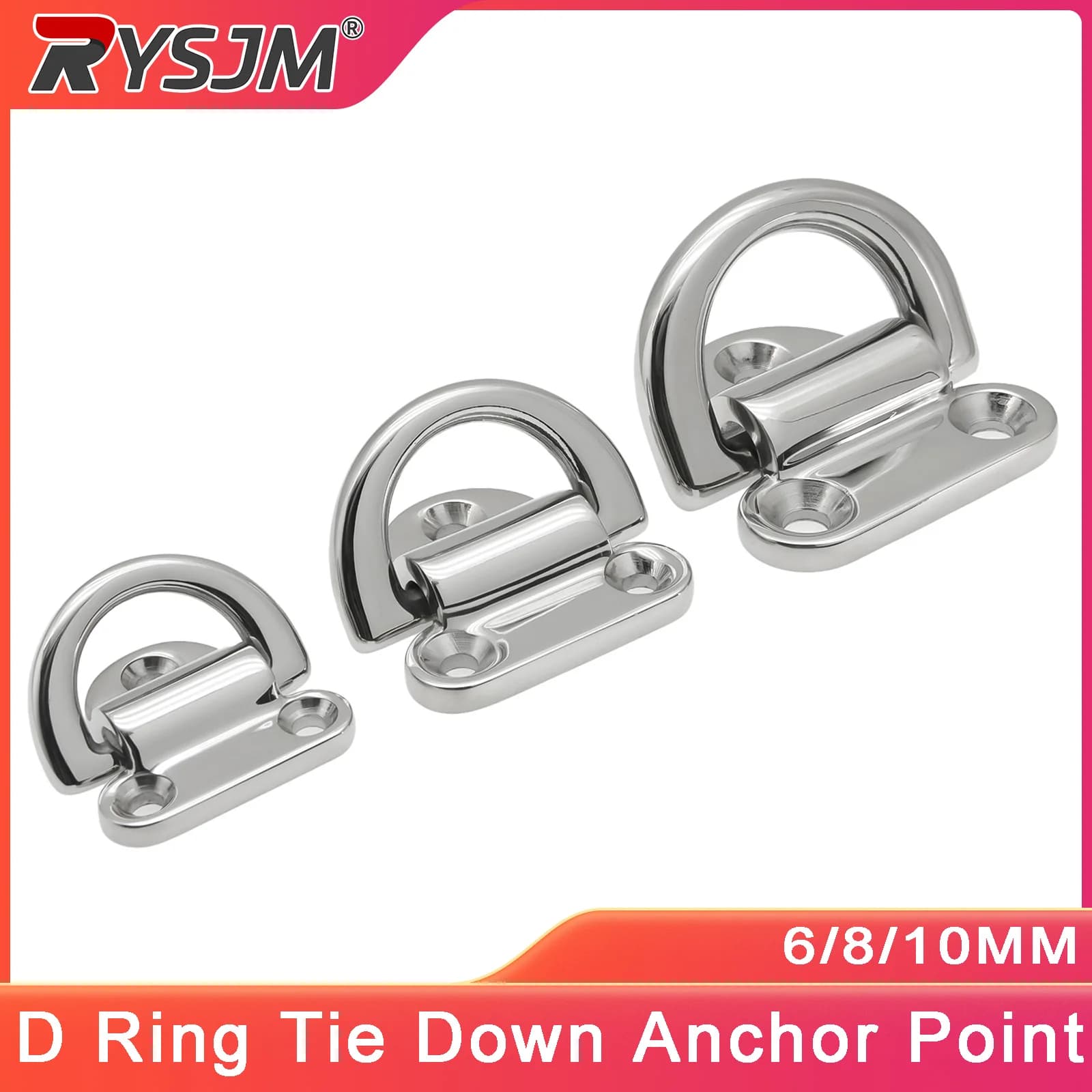 6/8/10mm Marine D Ring Tie Down Anchor Point D-Shaped Buckle D Ring Deck 316 Stainless Steel Mirror Polish Folding Boat Accessor