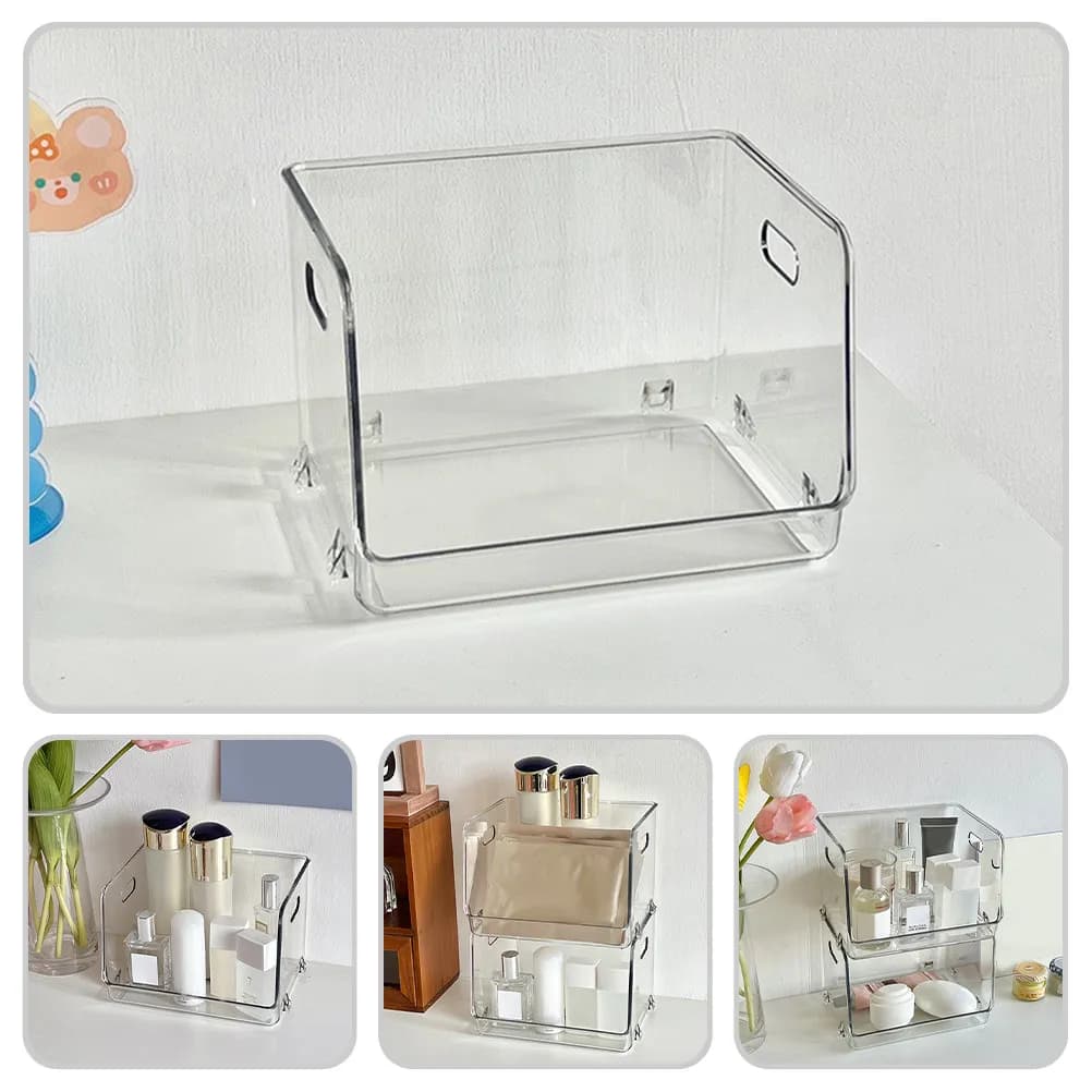 2Pcs Space Saving Stackable Transparent Desktop Storage Box Pet Desk Organizer for Cosmetics Sundries Snacks Books Home Office