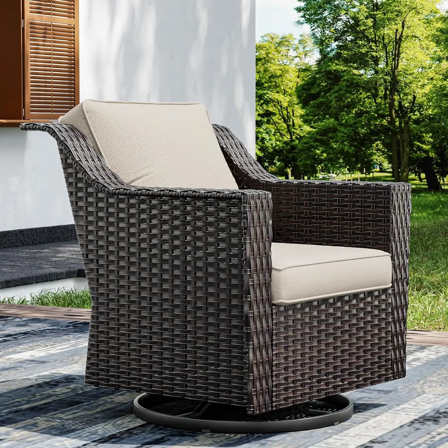 Outdoor swivel chair with wide armrests and thick cushions, large size updated for courtyard, garden, poolside