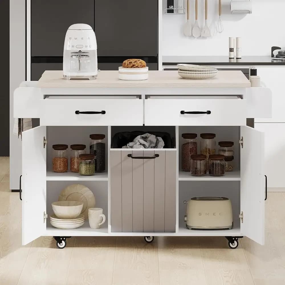 Isola da Cucina con Armadietto Porta Rifiuti, o Contenitore per Spazzatura da 15 Galloni, Tavolo da Cucina su Ruote con Coperchio a Scomparsa, Cucina Mobile su Ruote