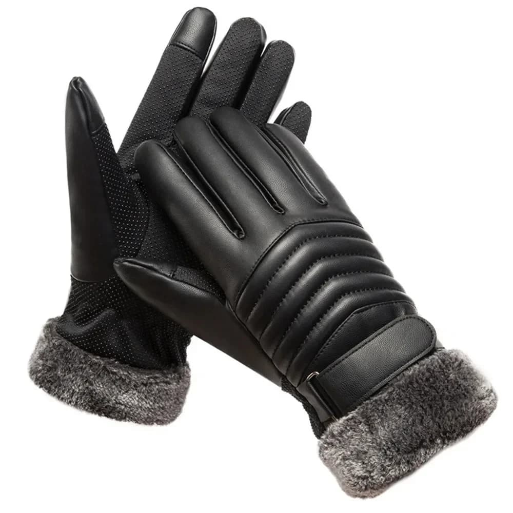Men winter gloves with fur mouth, insulating gloves in plush, outdoor cycling, motorcycle, PU touch screen, warm windproof cotton gloves