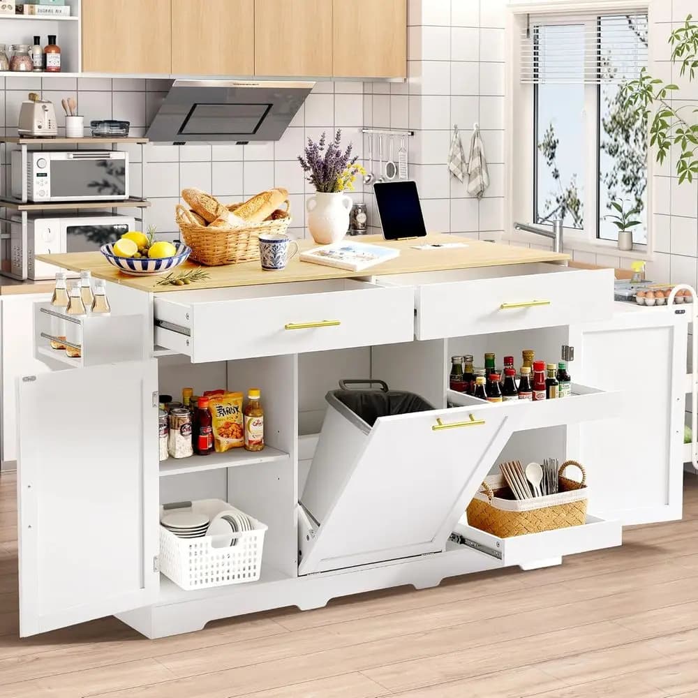 Isola da Cucina Bianca con Ruote, 60 Pollici, con Presa Elettrica, Ripiano Pieghevole, Cestino, Vano Portaoggetti, Porta Spezie e Portasciugamani