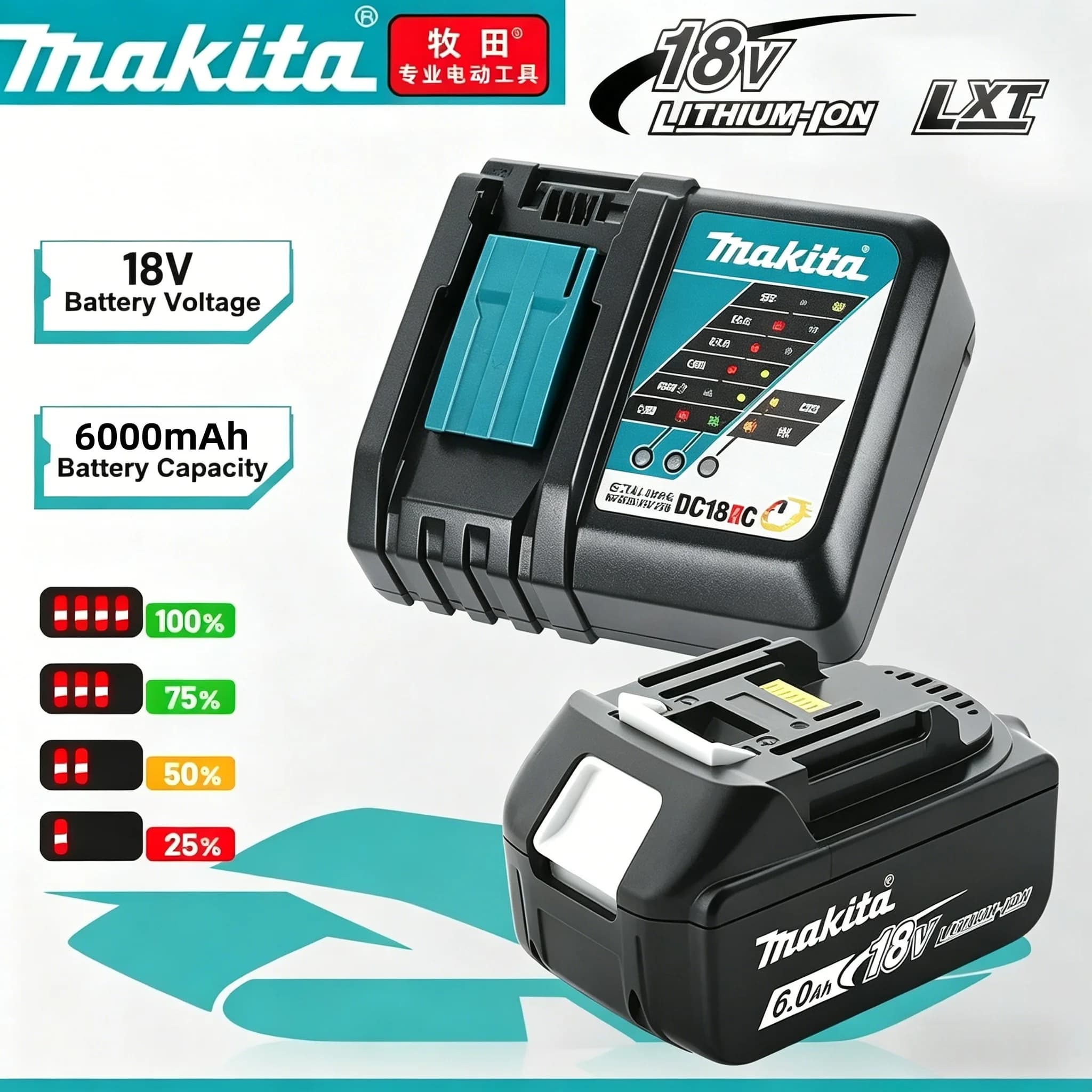 Batteria originale Makita 18V 6.0Ah + kit caricabatterie rapido DC18RC, batteria per utensili elettrici agli ioni di litio BL1860B LXT, spedizione gratuita