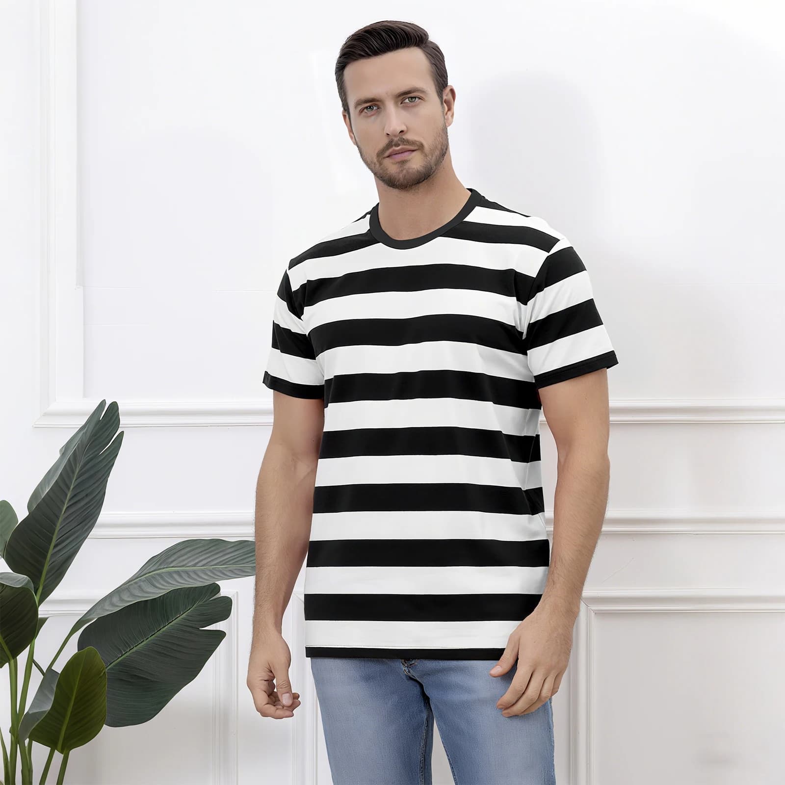 T-shirt a maniche corte da uomo con stampa 3D a righe a contrasto T-shirt oversize con o-collo moda casual Girocollo in cotone Top basic