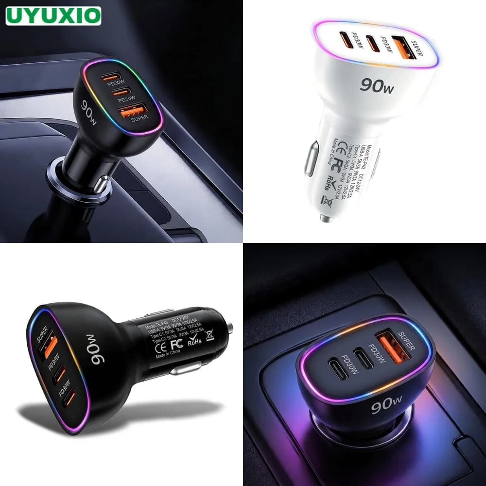 Super Fast Charging 90W Car Charger Multi Port Dual PD 30W Type C USB A 30W Power Adapter PPS QC3.0 SCP RGB Ambient Light for