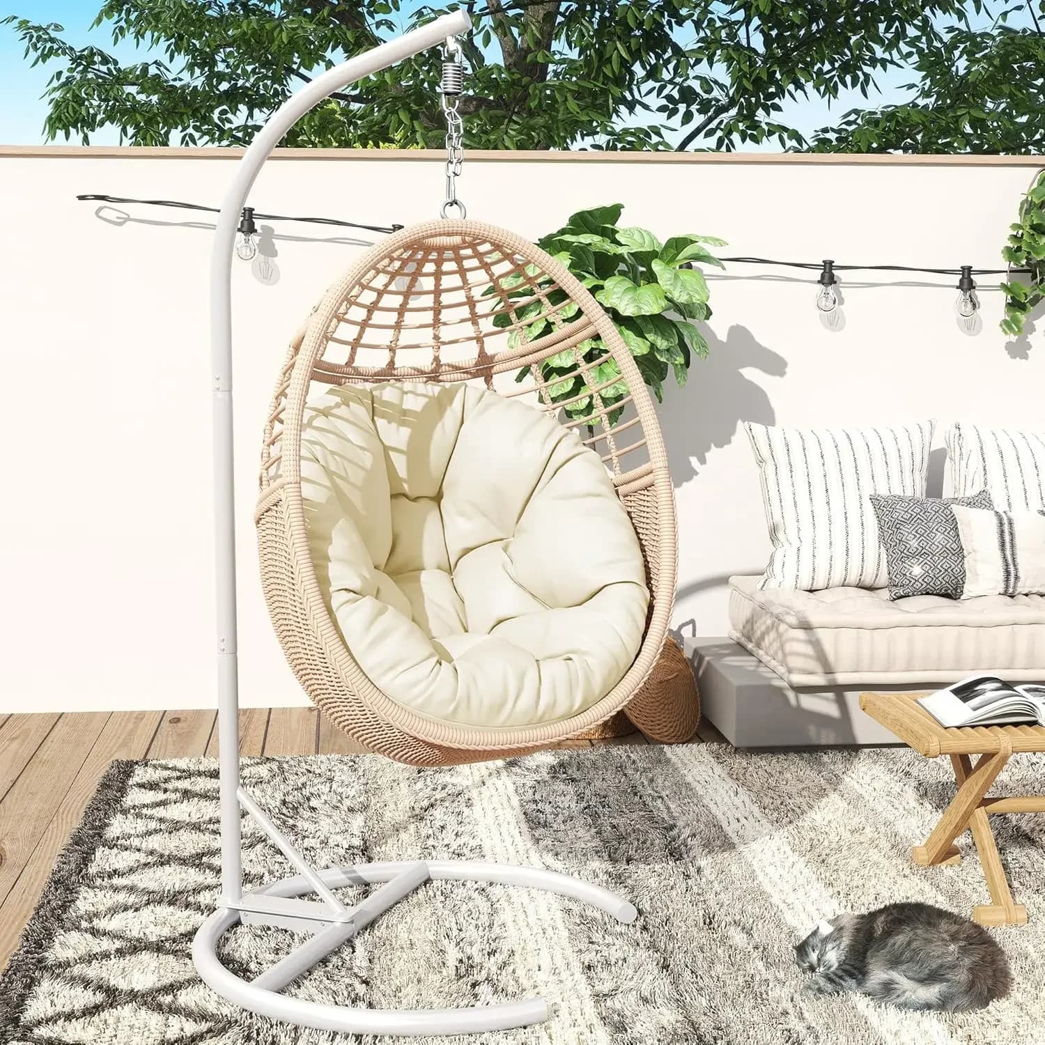 Hanging Egg Chair Indoor Outdoor Alloy Steel Frame UV Resistant Cushion 330lbs Capacity