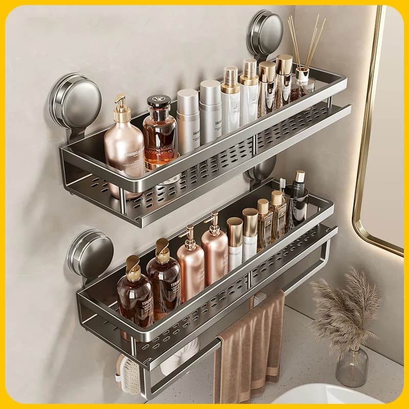 Non- Drilling Suction Bath Mesh, Aluminum Bathroom Storage Shelf, Hanging Organizer for Toilet Wall