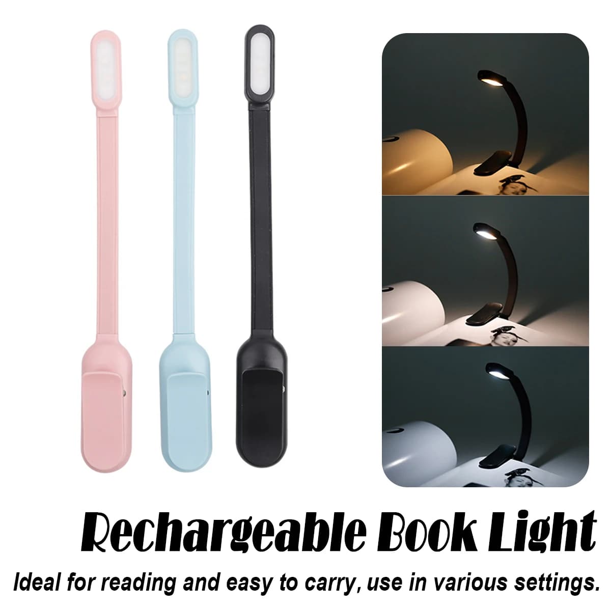 Mini lampada da libro a LED ricaricabile tramite USB Luminosità continua Luci notturne con clip Temperature a 3 colori Lampade da tavolo ad angolo di 360 gradi