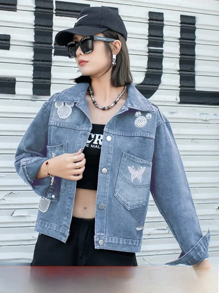 Loose Women's Denim Jaet Spring Autumn Sequin ort Jeans Coat Oversize Tailored Diamond Embellied Collar Button up