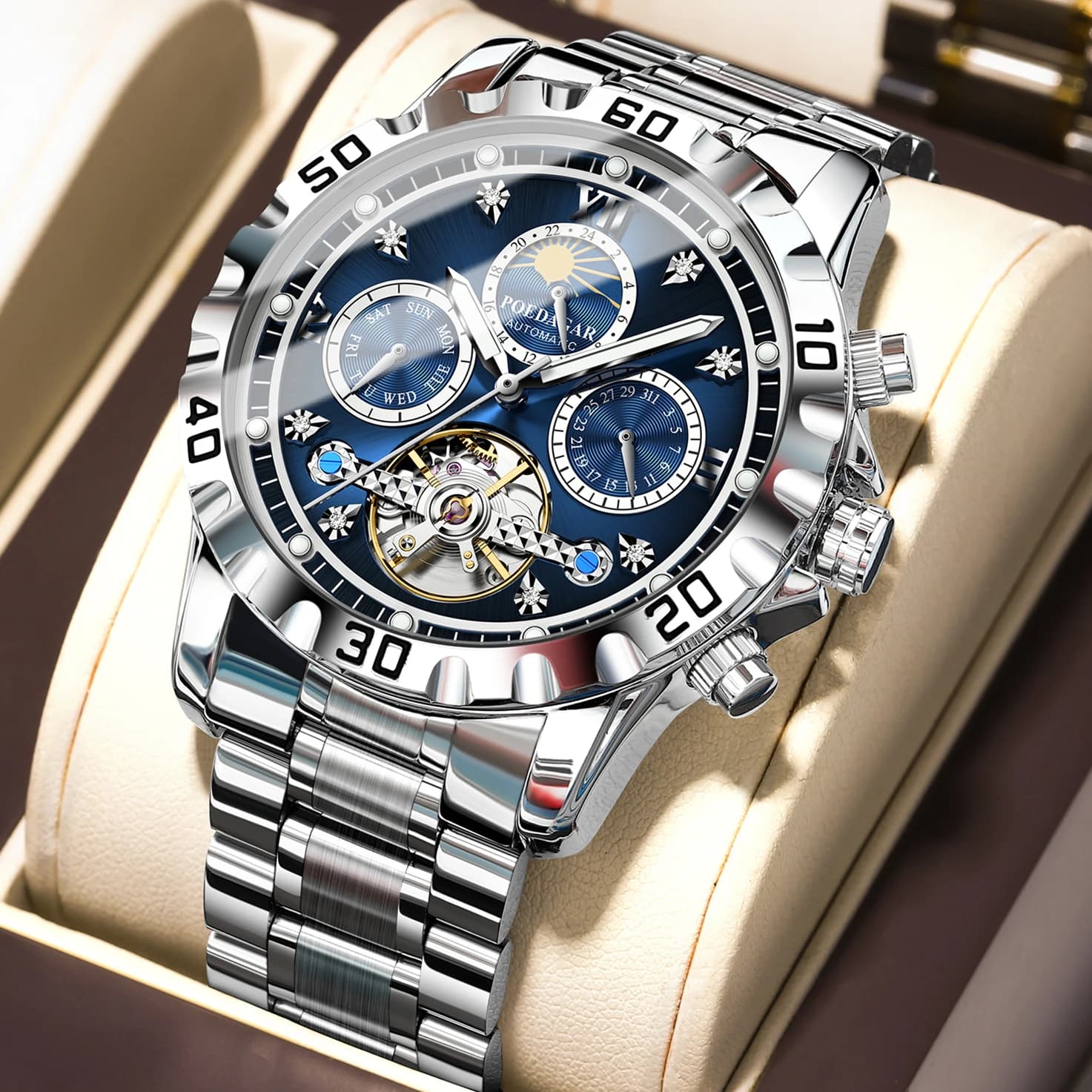 POEDAGAR Orologio da Polso di Lusso da Uomo, Meccanico, Impermeabile, con Tourbillon Automatico, in Acciaio Inossidabile