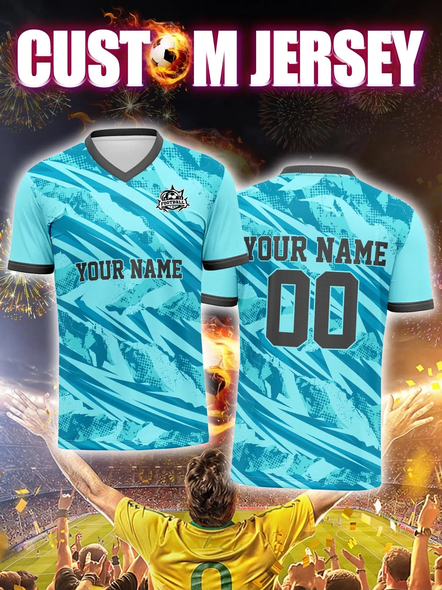Customized football jersey with image, number and custom name, football clothing with creative graphic print.