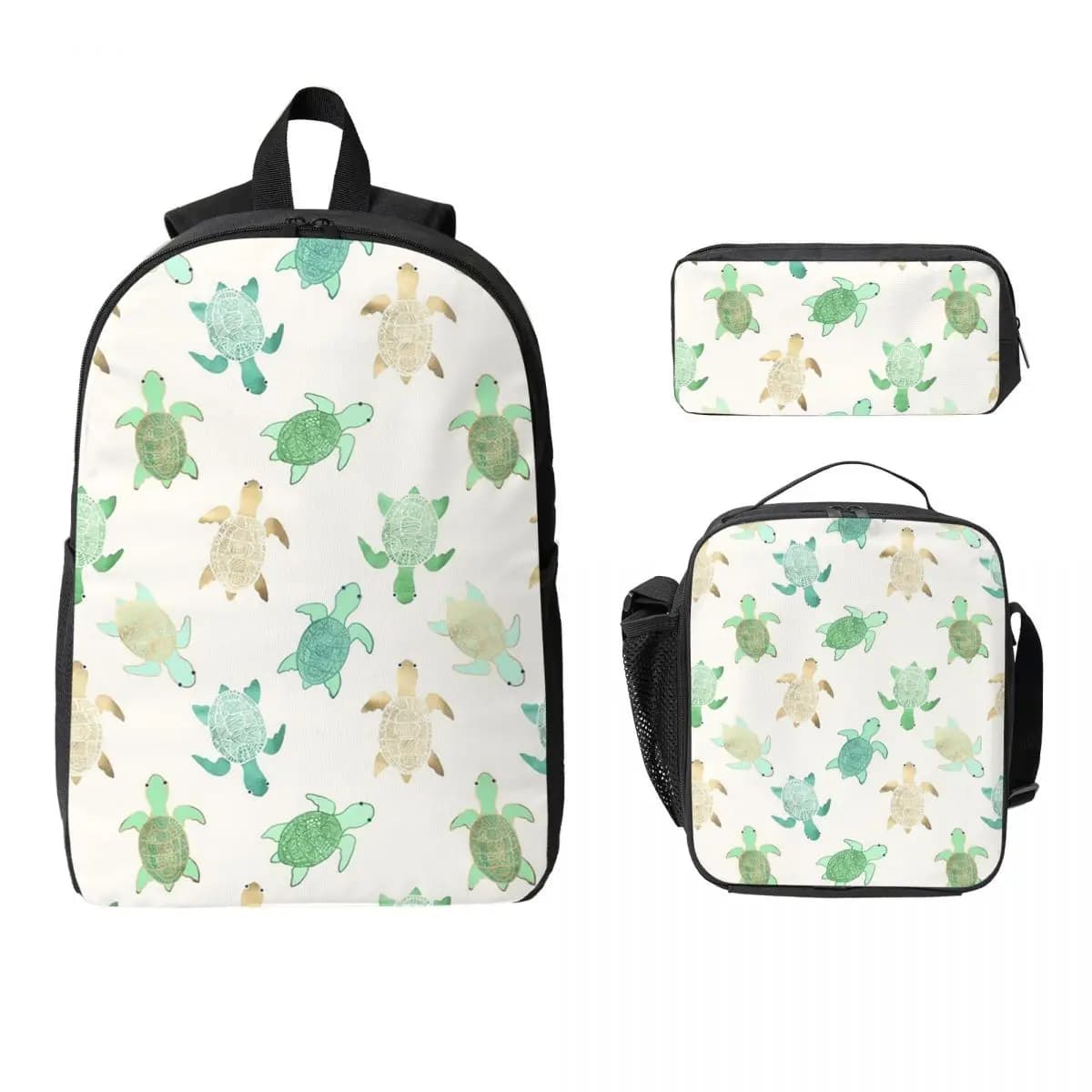 Gilded Jade & Mint Turtles Backpack Student Boys Girls BookBag School Bag Shoulder Bags 3ps Insulated Lunch Bag Pencil Case