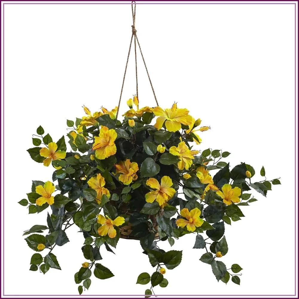 22" Hibiscus Hanging Basket, No Watering Needed, Realistic Artificial Plant