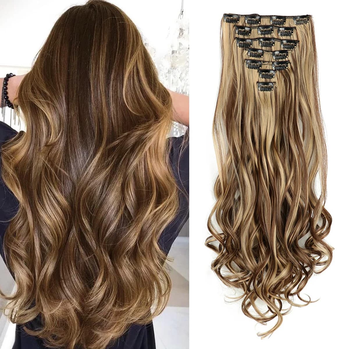 Extension for hair clip, 7 pieces, for the whole head, 22 inches, long, curly and wavy, synthetic, natural effect, for women and girls