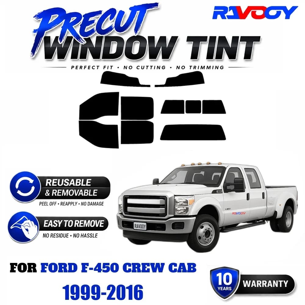RAVOOY Precut Window Tint, Reusable Removable EPU Film, Custom Fit for Ford F-450 Crew Cab 1999-2016, UV Heat Protection