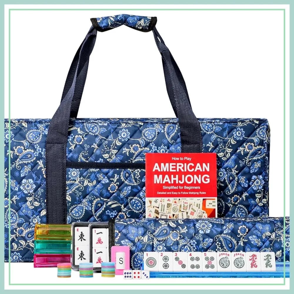 Set Mahjong Americano con Borsa Blu per il Trasporto, 166 Tessere, 4 Supporti/Spingitori Tutto-in-Uno
