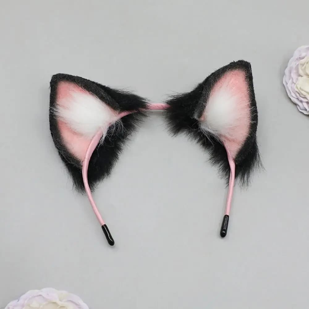 Orecchie di lupo gatto Kawaii 20 cm Copricapo Orecchio Nero Bianco Morbido Idol Copricapo Code di orecchie di gatto Copricapo carino per cotone imbottito