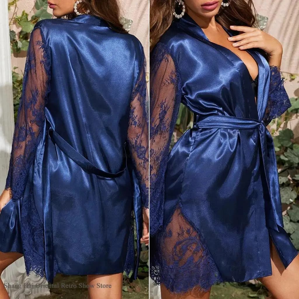 Women's Dress Kimono Bathrobe Summer Dress in Silk Satin Nightwear Home Clothes sexy Lace Sleeves Night Shirt Pigiama