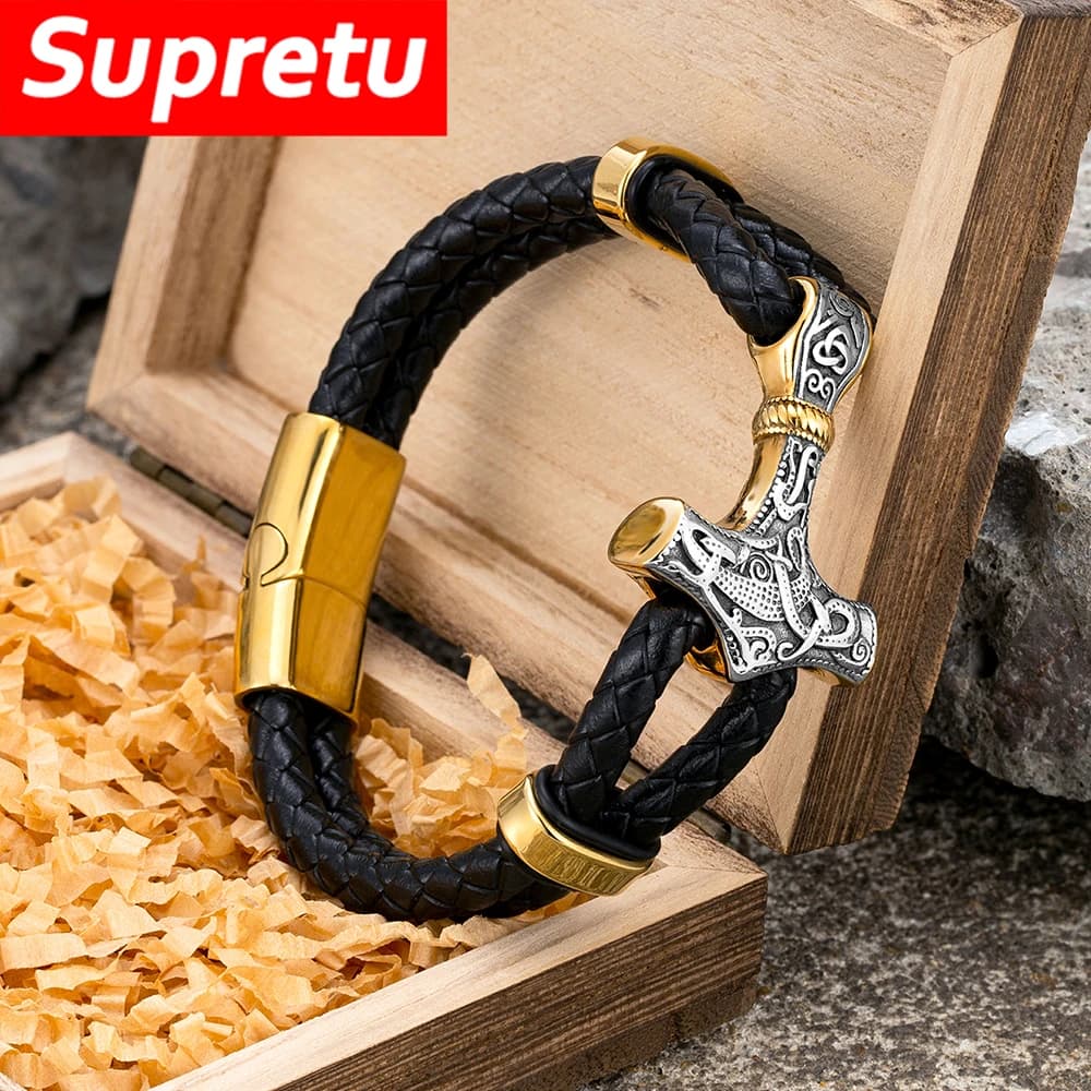 Mitologia norrena Bracciale con martello di Thor da uomo Bracciale vintage in acciaio inossidabile vichingo Mjolnir Bracciale in pelle fatto a mano Regalo di gioielli