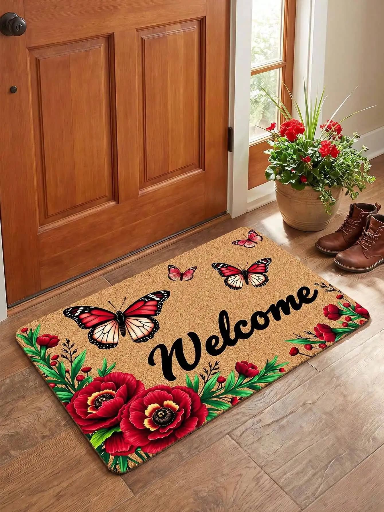 Butterfly & Floral Pattern Doormat, Suitable For Home Use, Indoor/Outdoor, Machine Washable, Ultra-Thin Design. Ideal For Front Door, Balcony, Laundry Room And Similar Spaces.