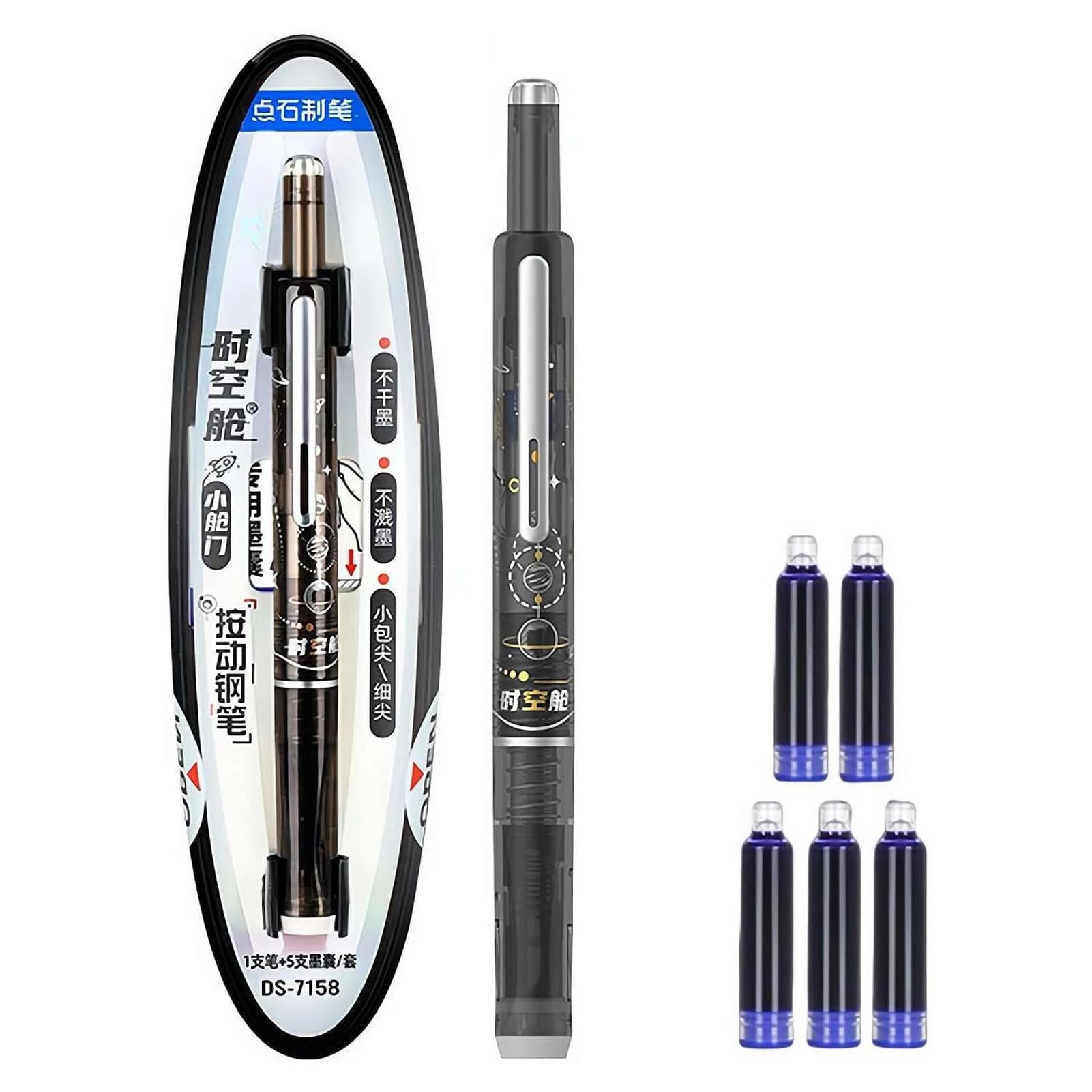 Retractable Fountain Pen Blue with 5 Ink Refills Blue Ink Clictek Push Action Fountain Pen Retractable Push Pen